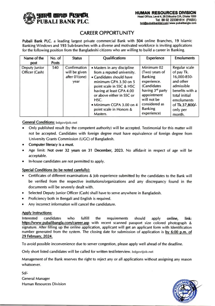 Job Circular of Pubali Bank